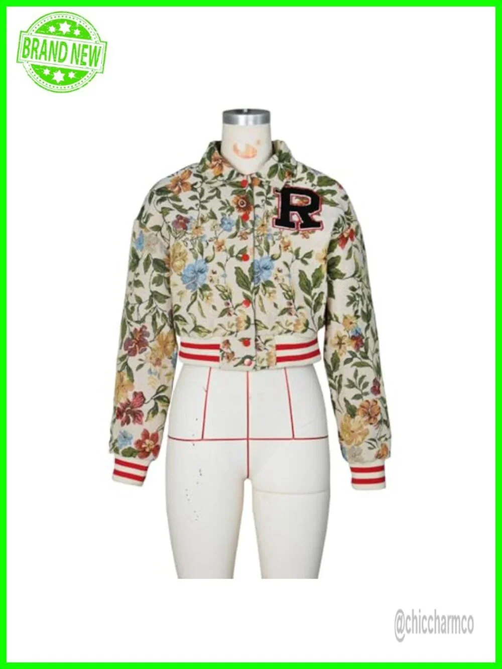 Cropped Floral Print Bomber Jacket Casual Button Down Coat